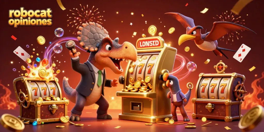 Experience thrilling robocat opiniones as slot machines pay out coins with dinosaurs in a vibrant casino setting.