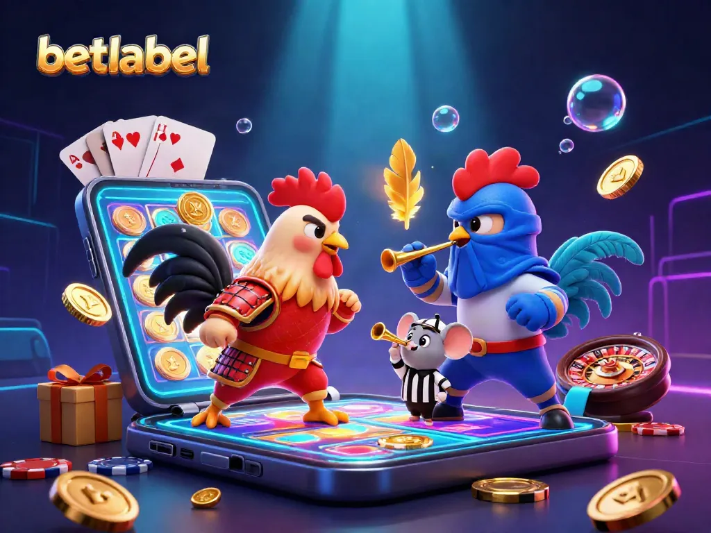 Place bets on thrilling matchups at Betlabel's animated gambling scene with roosters and vibrant casino elements.
