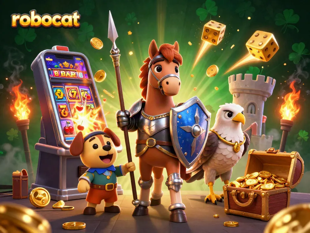 Win big with robocat-themed slots and exciting casino action in a vibrant illustration.