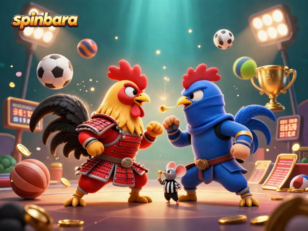 Spinbara engages players in an intense showdown featuring fighting roosters in a vibrant gaming scene.