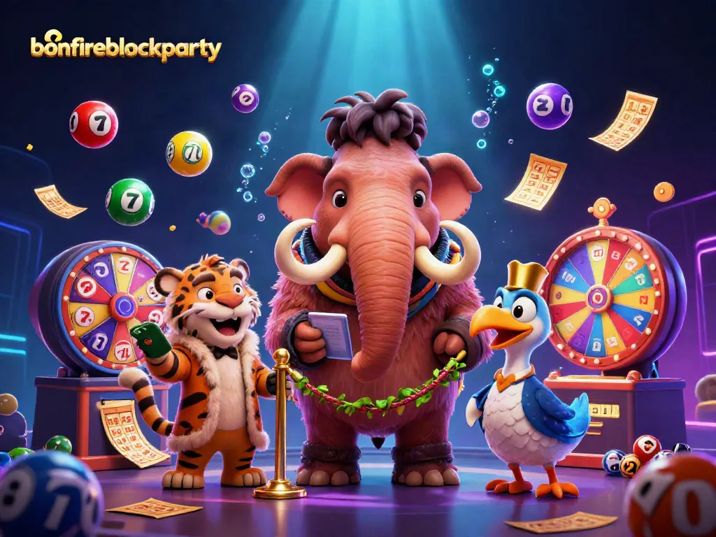 Engage in thrilling games at bonfireblockparty with colorful lottery elements and animated casino scenes.