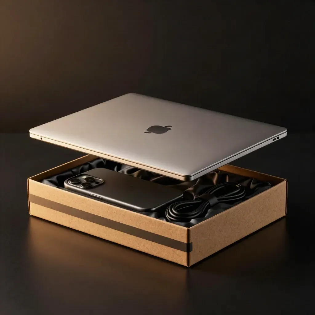 Caja de lanzamiento para web con portátil, móvil y cable sobre fondo oscuro y dramático.