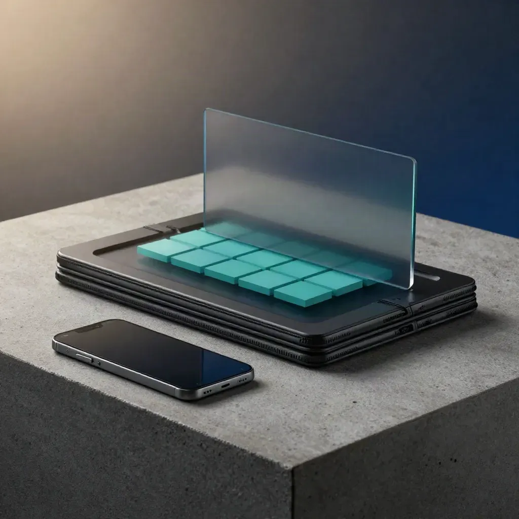 Tablet y móvil oscuros con panel acrílico y bloques teal desenfocados sobre fondo gris humo.