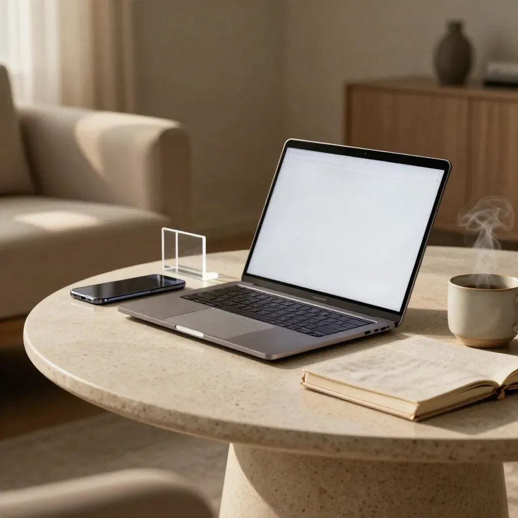 Portátil, móvil, soporte acrílico y libreta junto a una taza con brillo suave.