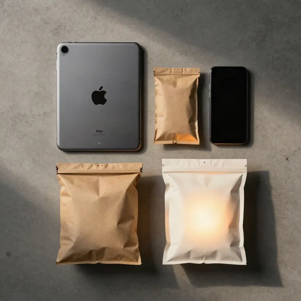 Flatlay cenital de tablet, móvil y dos paquetes de compra sobre hormigón.