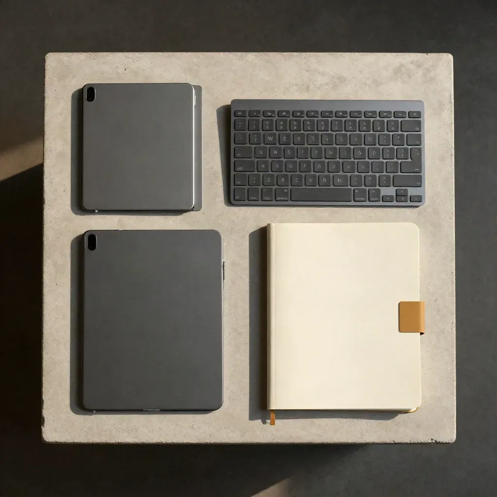 Flatlay cenital de tablet, teclado, cuaderno cerrado y hojas de papel sobre piedra gris.