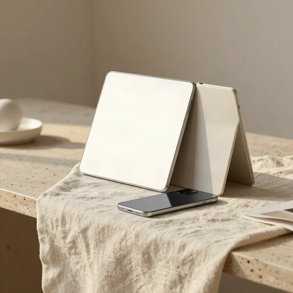 Tablet, móvil y panel prototipo sobre lino claro, en una escena elegante y cálida.