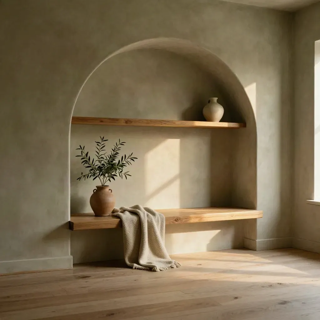 Rincón de lectura de madera con arco, manta plegada y planta, luz cálida y fondo limpio.