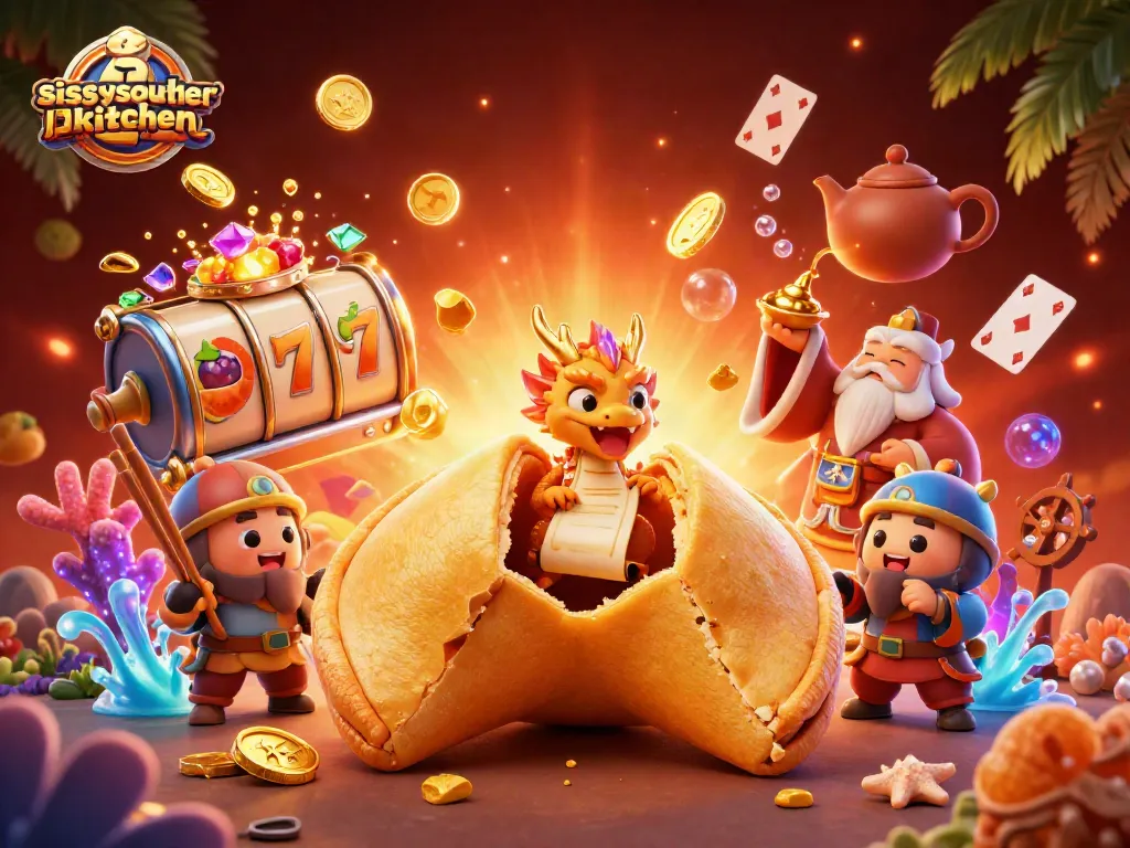 Sissyssouthernkitchen brings luck at the slots with vibrant golden cookie, dragon, and slot reels.